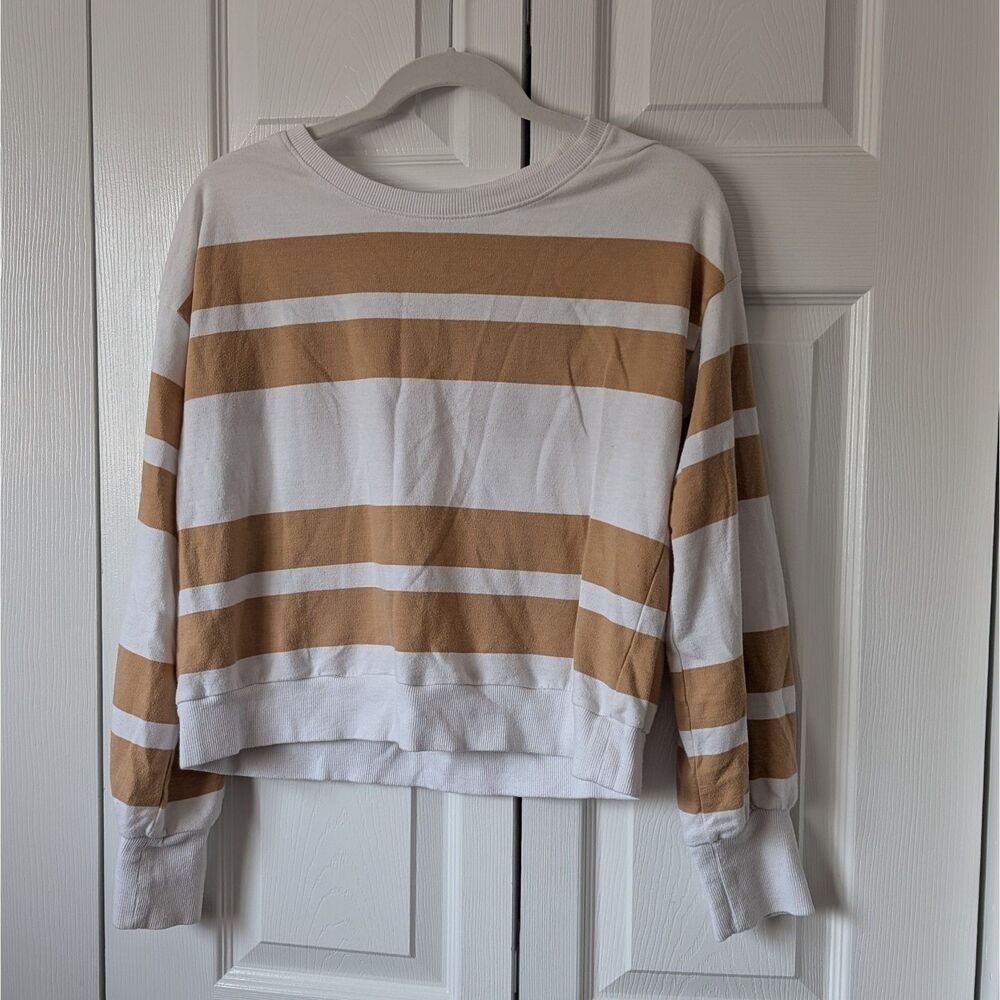 True Craft White and Tan Striped Cropped Long Sleeve Sweatshirt Top Small